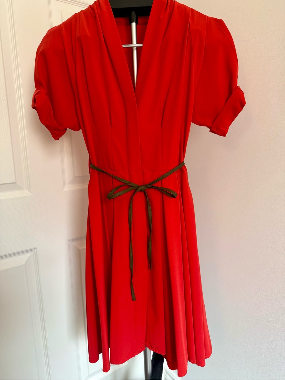 Bright Orange V-Neck Short Sleeve Mini Dress with Tie Waist
